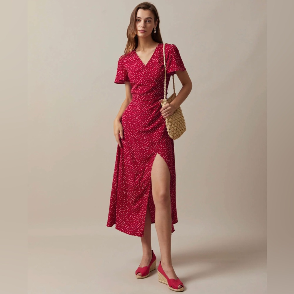 NWT RIHOAS V Neck Polka Dot Ruched Slit Maxi Dress Sz M, XL.